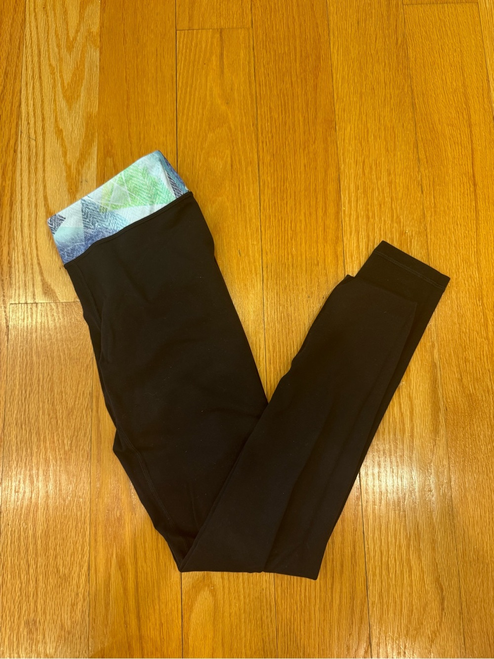 Ivivva Black Leggings with Blue-Green Foldover Waistband